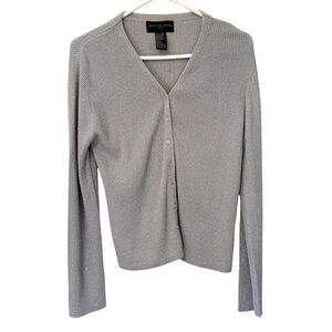August‎ Silk Silver Gray Shimmer Ribbed Silk Blend Cardigan Y2k Vtg NYE Glam
